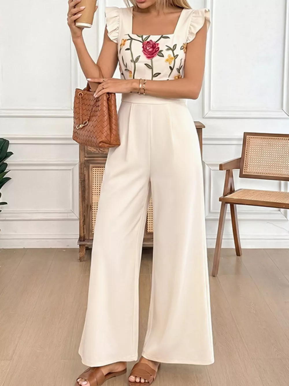 Floral Embroidered Ruffle Trim Jumpsuit, image 5