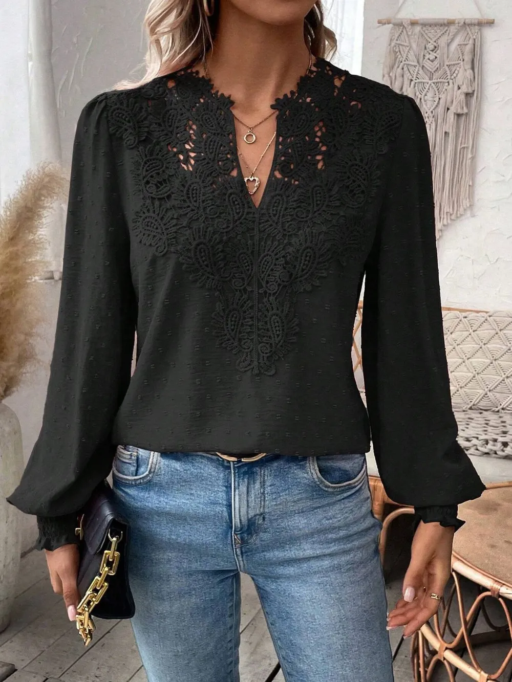Swiss Dot Lace Detail Notched Long Sleeve Blouse, image 10
