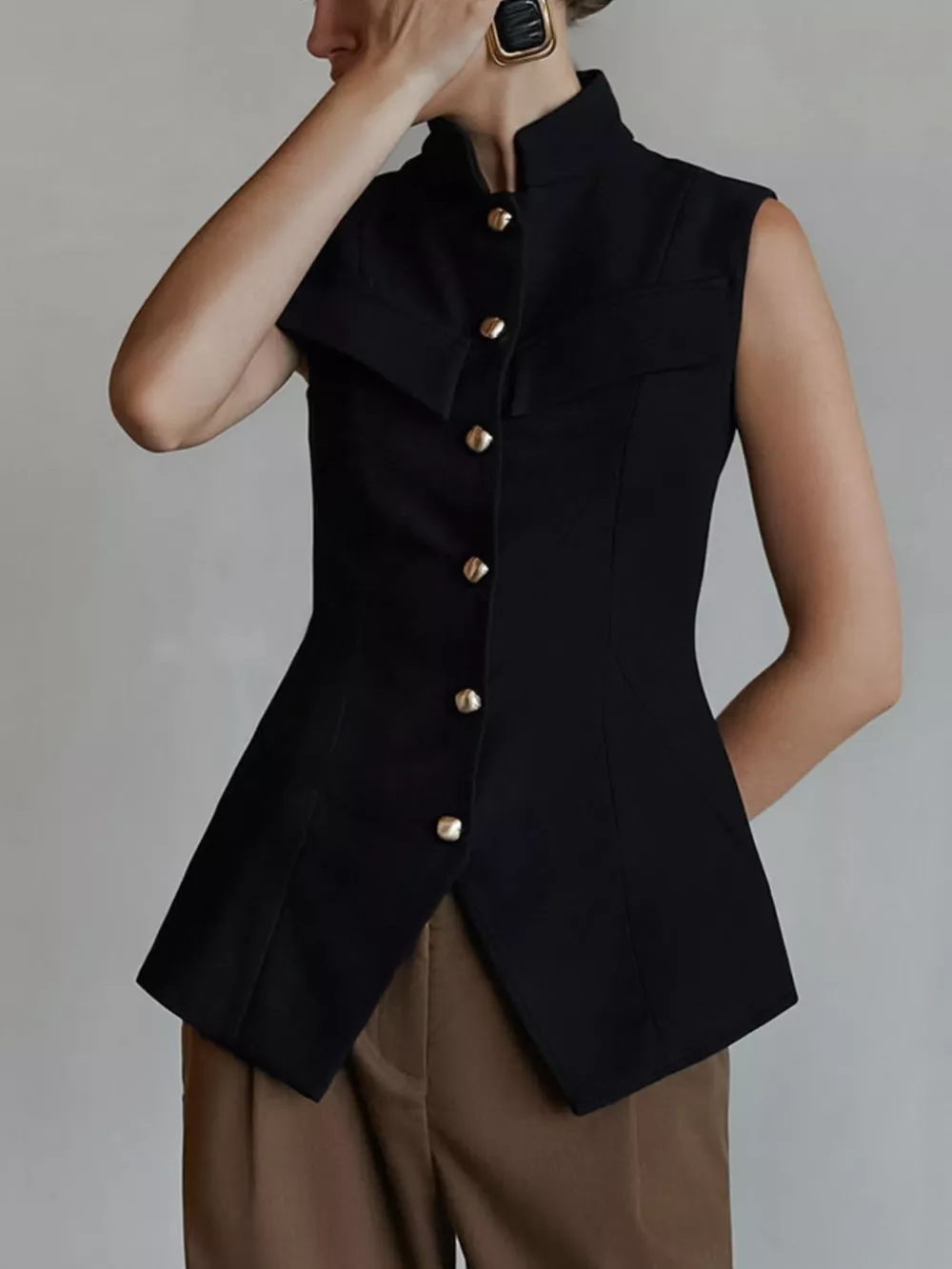 Stand Collar Button-Down Vest Coat