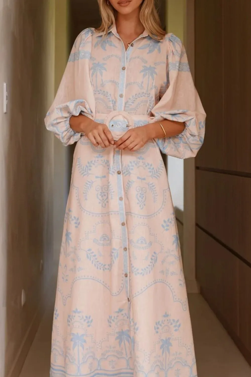 Printed Balloon Sleeve Maxi Shirt Dress, image 4