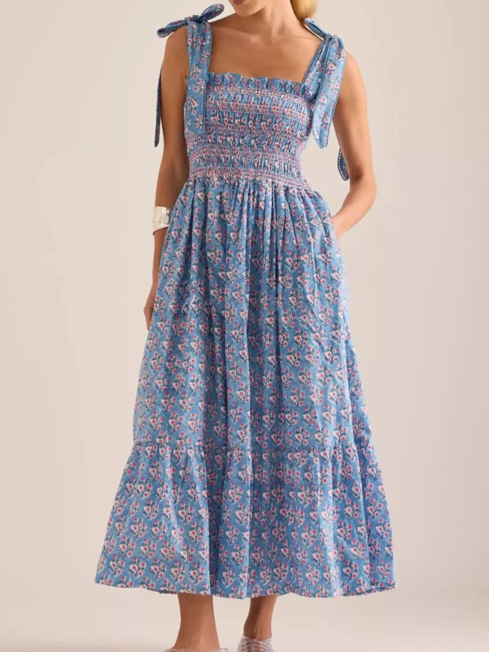 Floral Smocked Tie-Shoulder Midi Dress, image 2