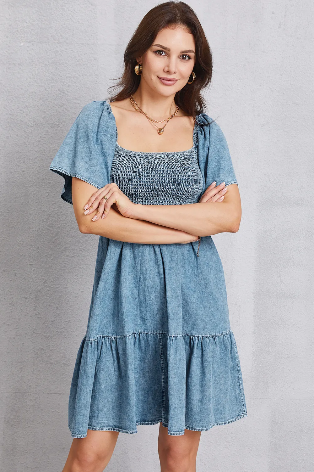Smocked Square Neck Mini Denim Dress, image 7