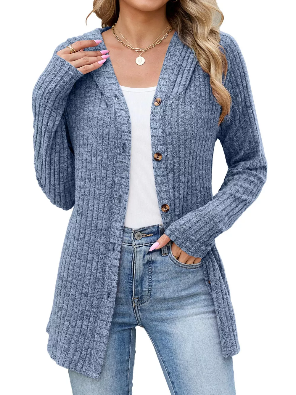 Ribbed Knit Hooded Button-Down Cardigan, image 22