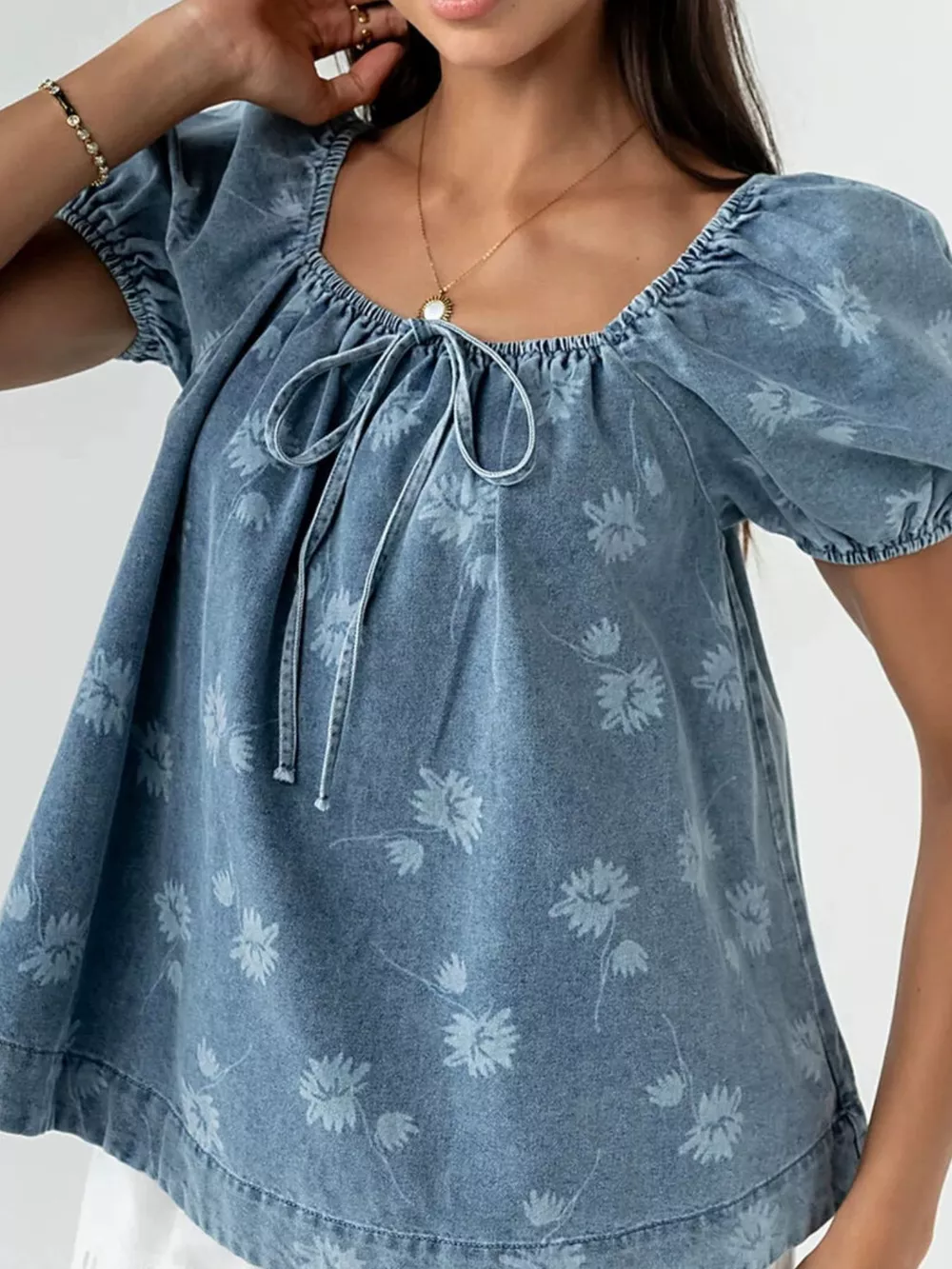 Floral Print Puff Sleeve Denim Top, image 3