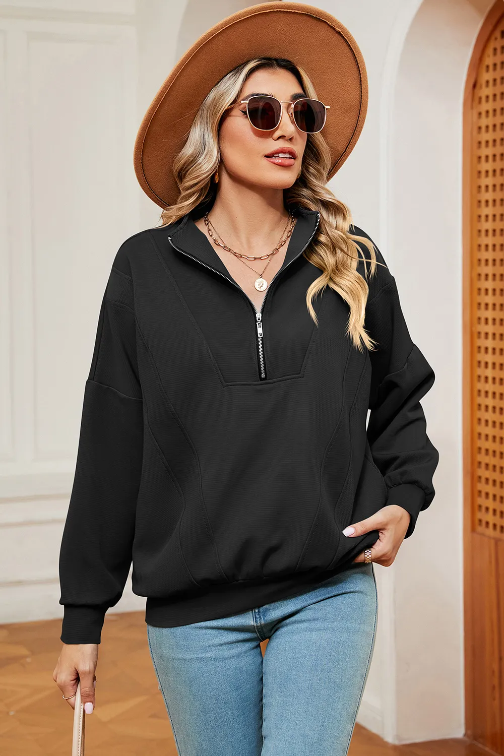 Half Zip Dropped Shoulder Sweatshirt, image 3