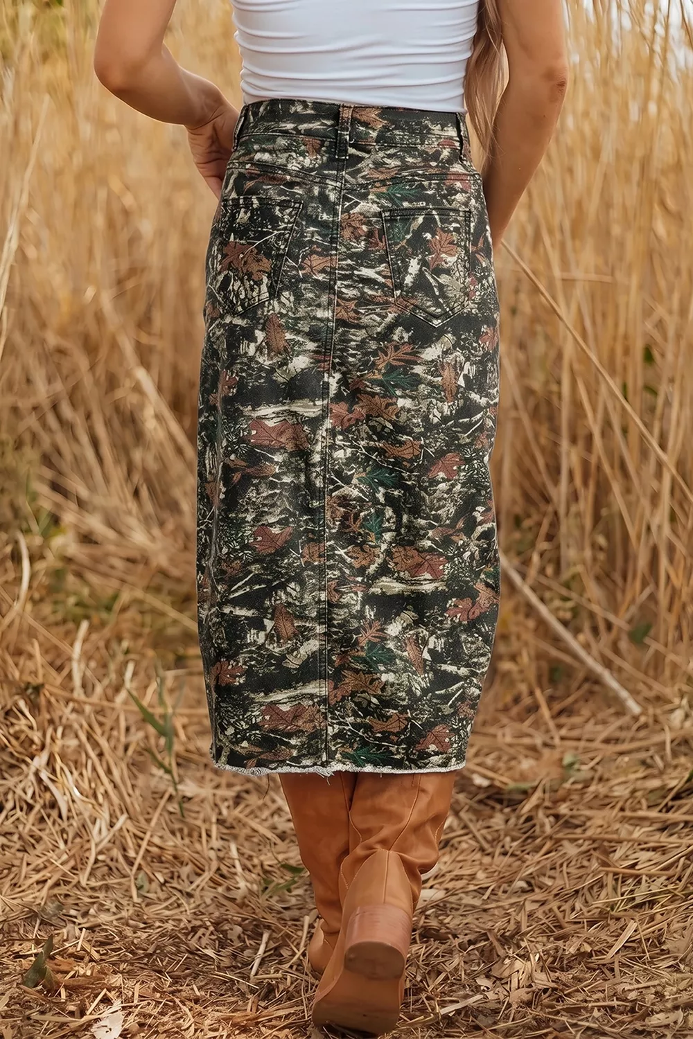 Side Slit Printed Denim Midi Skirt, image 2