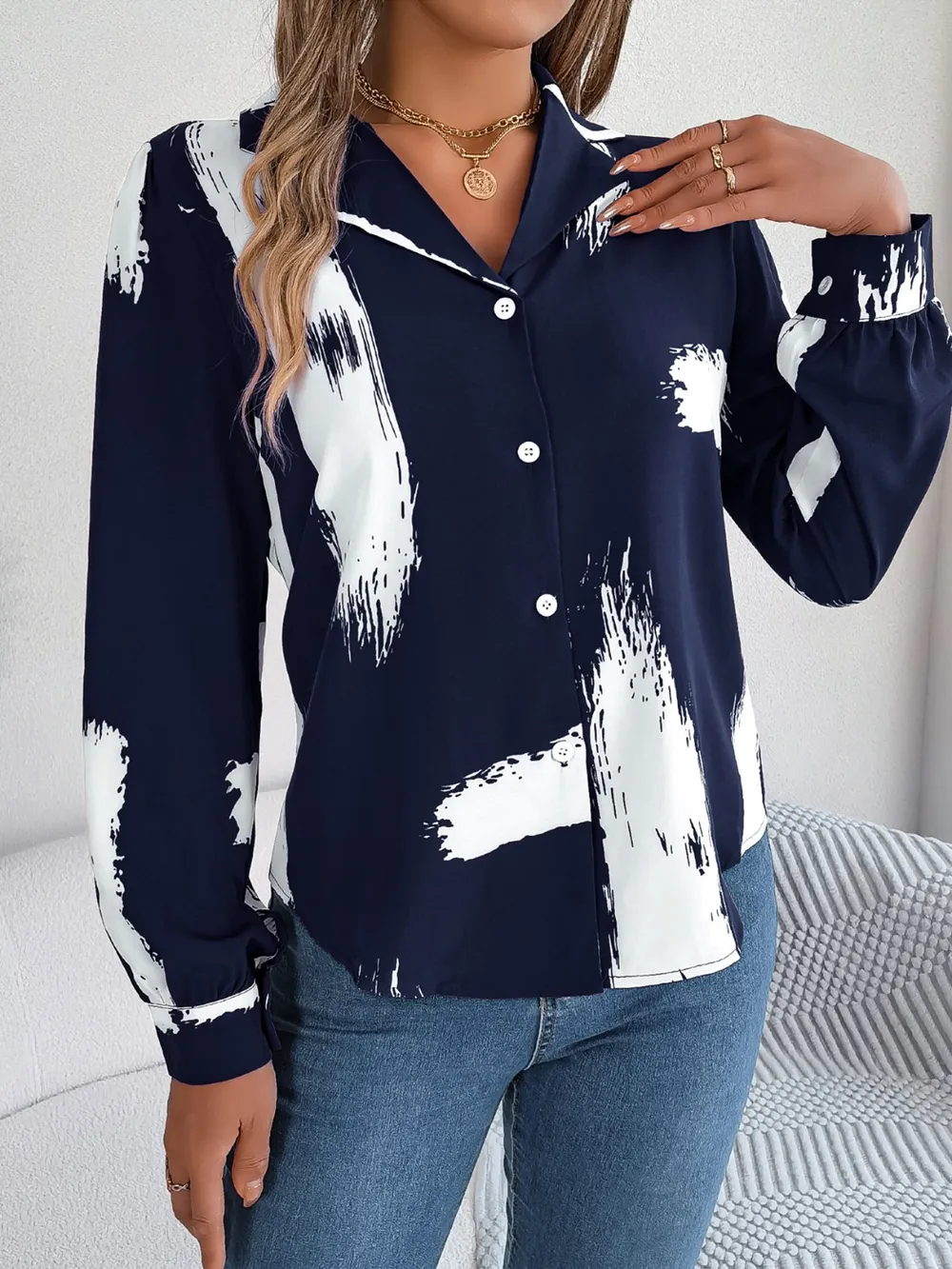 Printed Collared Neck Button Up Shirt, image 2