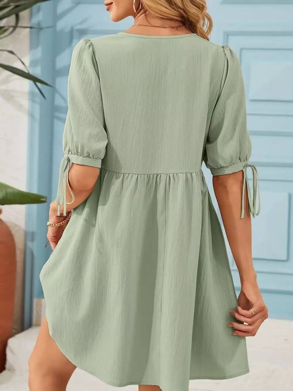 Tie-Neck Puff Sleeve A-Line Mini Dress, image 10