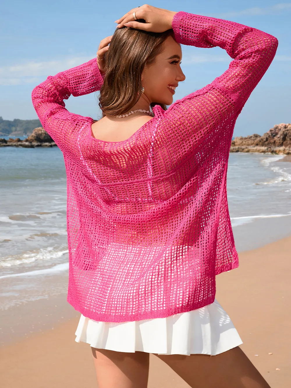 Openwork Slit Boat Neck Long Sleeve Cover-Up, image 7
