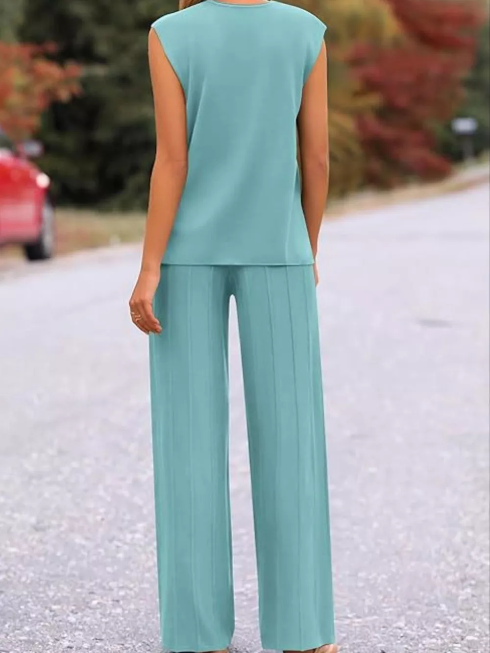 Casual Solid Color Cap Sleeve Top and Pants Knit Set, image 12
