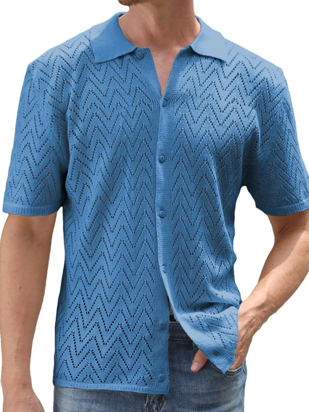 Men's Full Size Openwork Button Down Short Sleeve Shirt Plus Size, image 4
