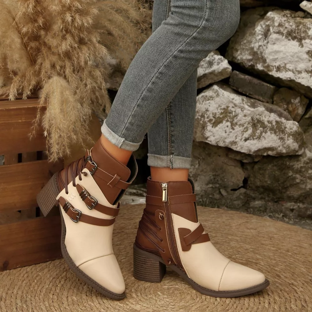Point Toe Buckle Strap Ankle Boots with Block Heels, image 9