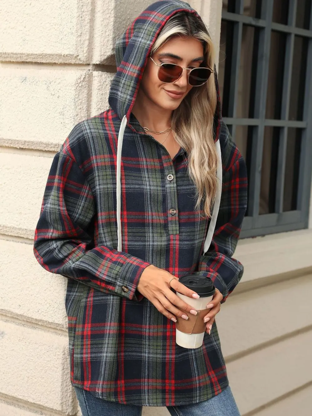 Drawstring Plaid Hooded Long Sleeve Top, image 8