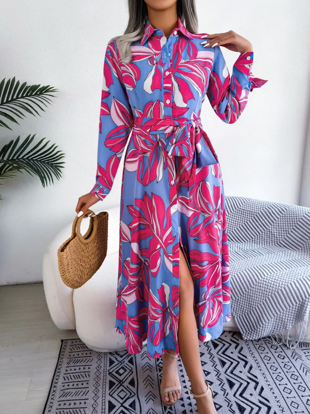 Tied Button Up Long Sleeve Dress, image 5
