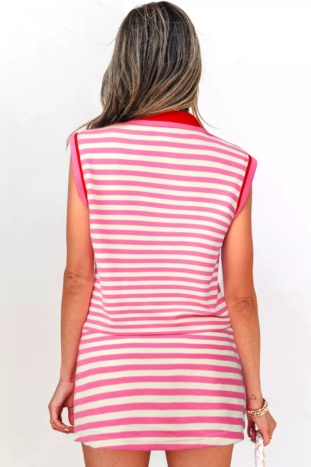 Half Zip Striped Sleeveless Top and Skirt Set, image 2