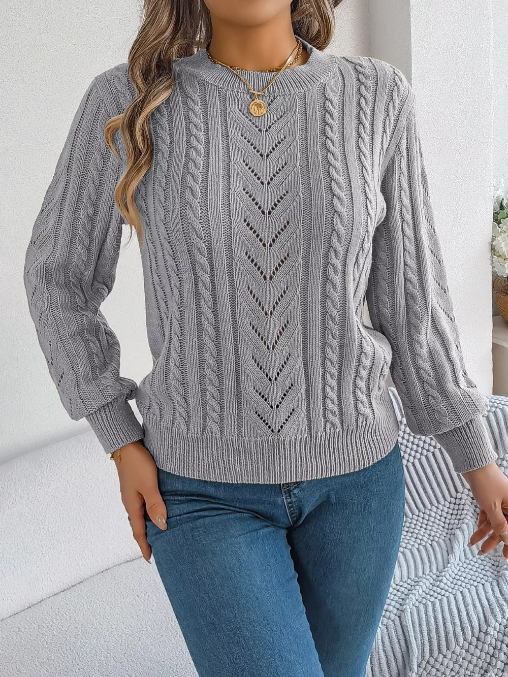 Cable-Knit Round Neck Sweater, image 16