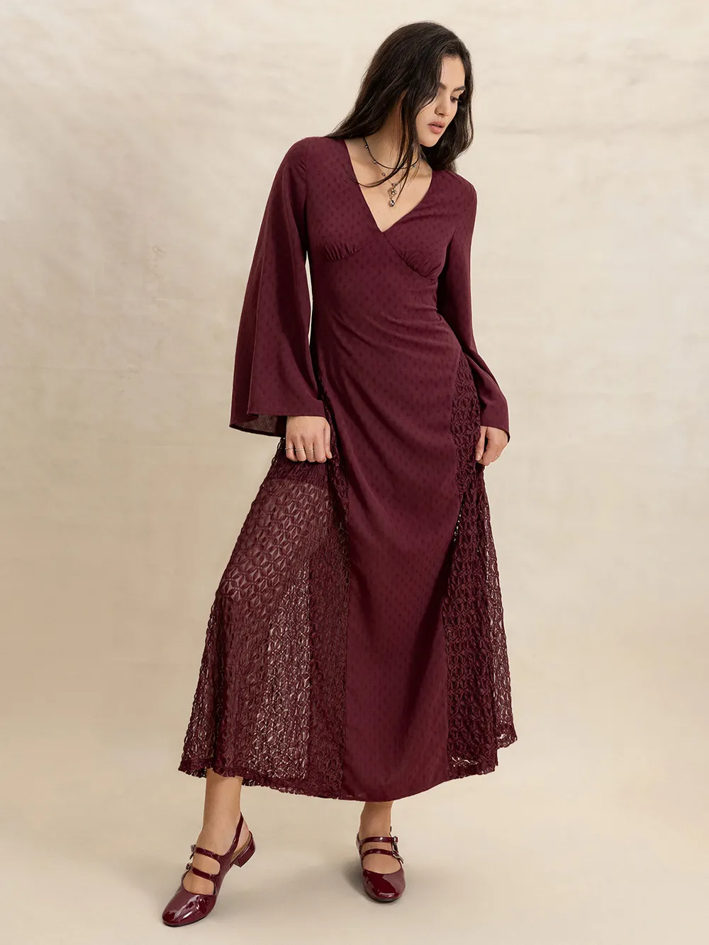 Lace Patchwork V-Neck Long Sleeve Midi Dress, image 4