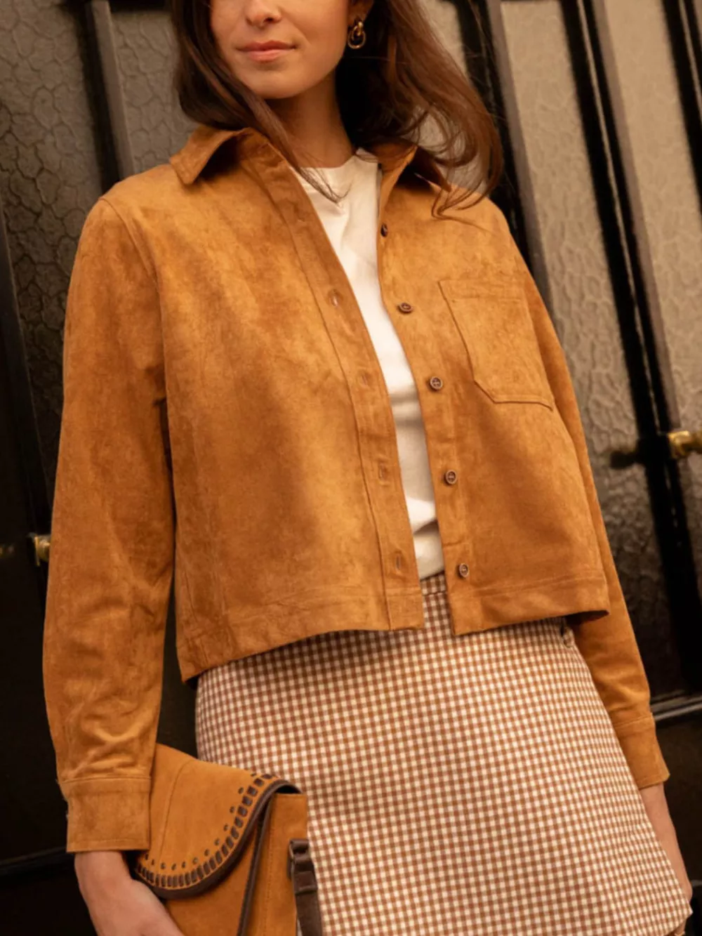 Cropped Faux Suede Button-Down Jacket