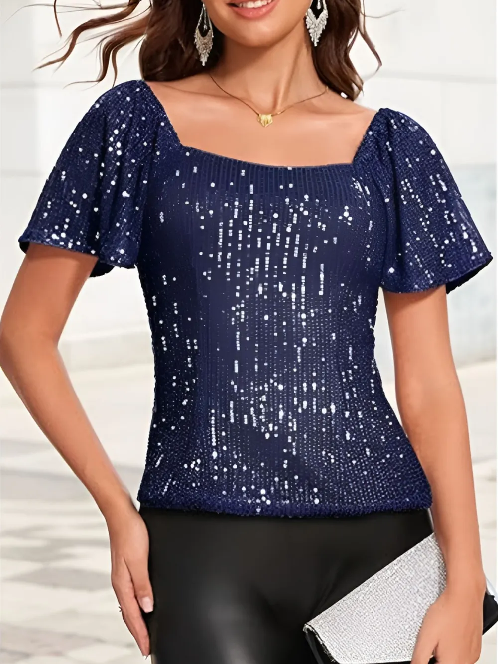 Square Neck Sequin Short Sleeve Blouse, image 2