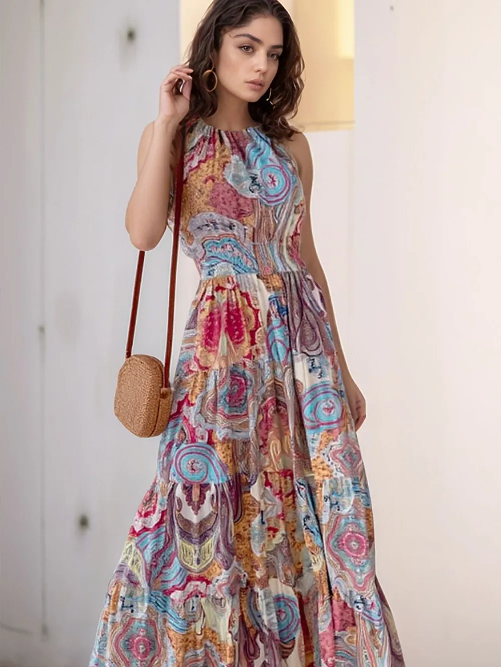 Printed Halter Neck Maxi Dress, image 6