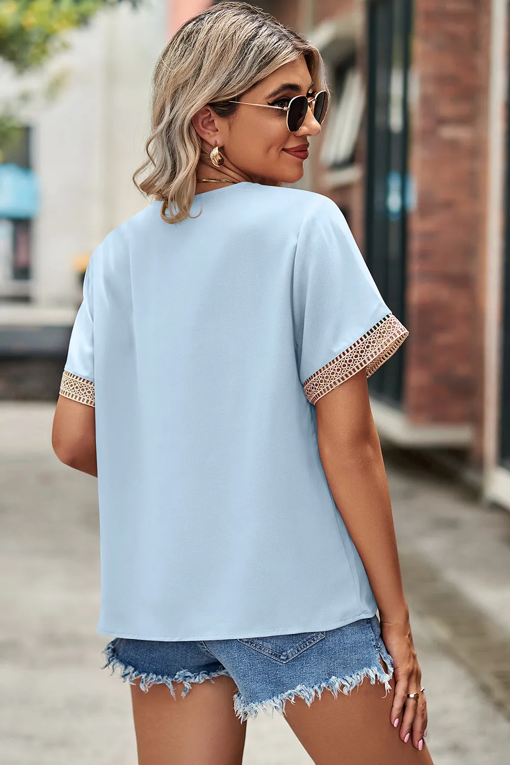 Openwork V-Neck Short Sleeve T-Shirt, image 15