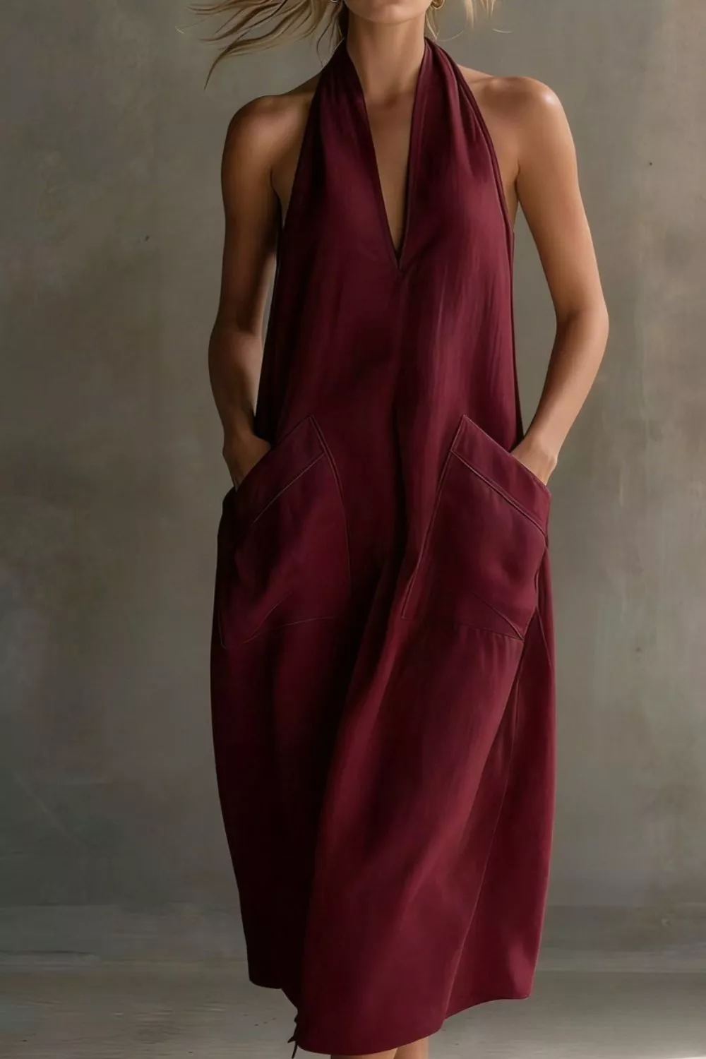 Casual Halter Neck Pocket Midi Dress, image 19