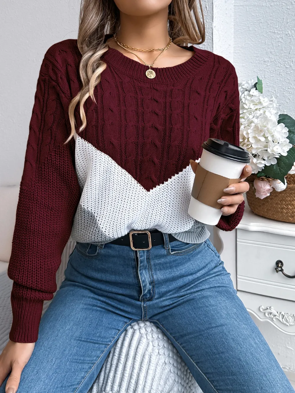 Cable-Knit Color Block Round Neck Sweater, image 15