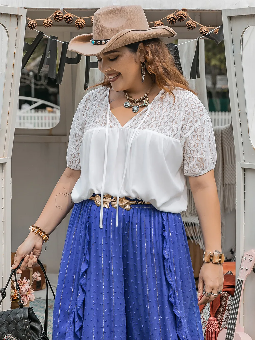 Plus Size Tie Neck Short Sleeve Blouse, image 2