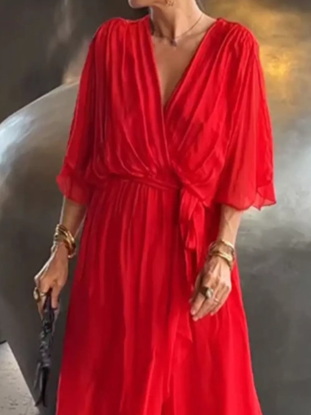 Full Size Chiffon Wrap Dress with Flutter Sleeves Plus Size, image 14