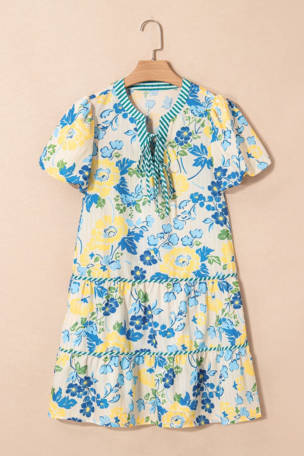 Floral Striped Trim Puff Short Sleeve Dress, image 4