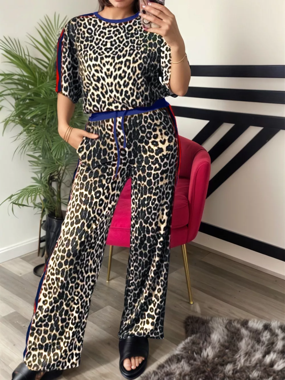 Leopard Round Neck Top and Pants Two-Piece Set, image 18
