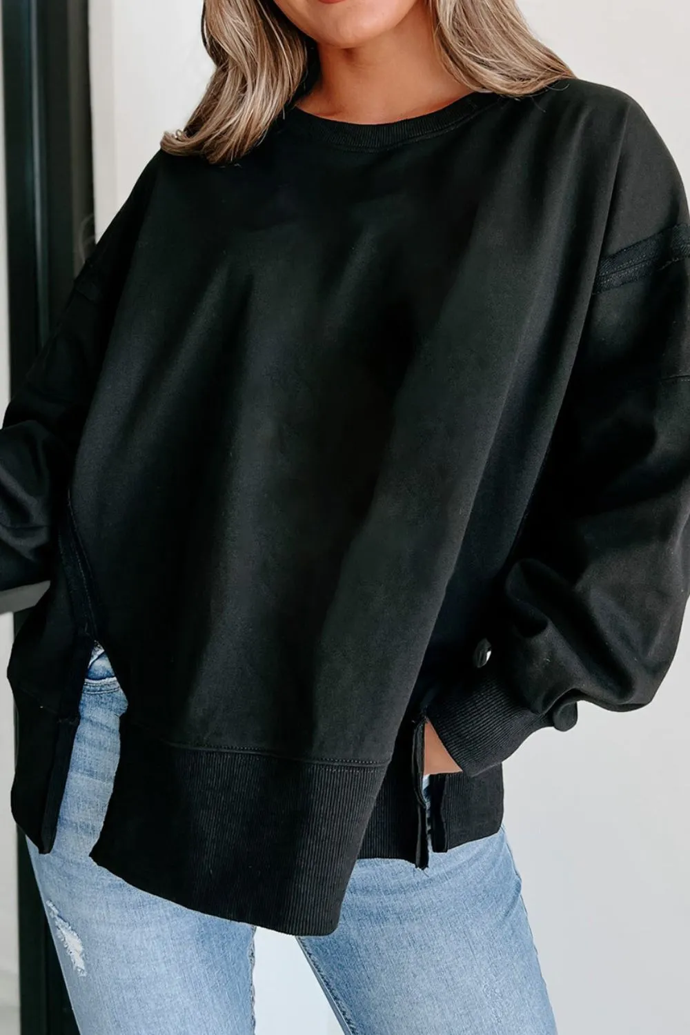 Side Slit Round Neck Long Sleeve Sweatshirt, image 23