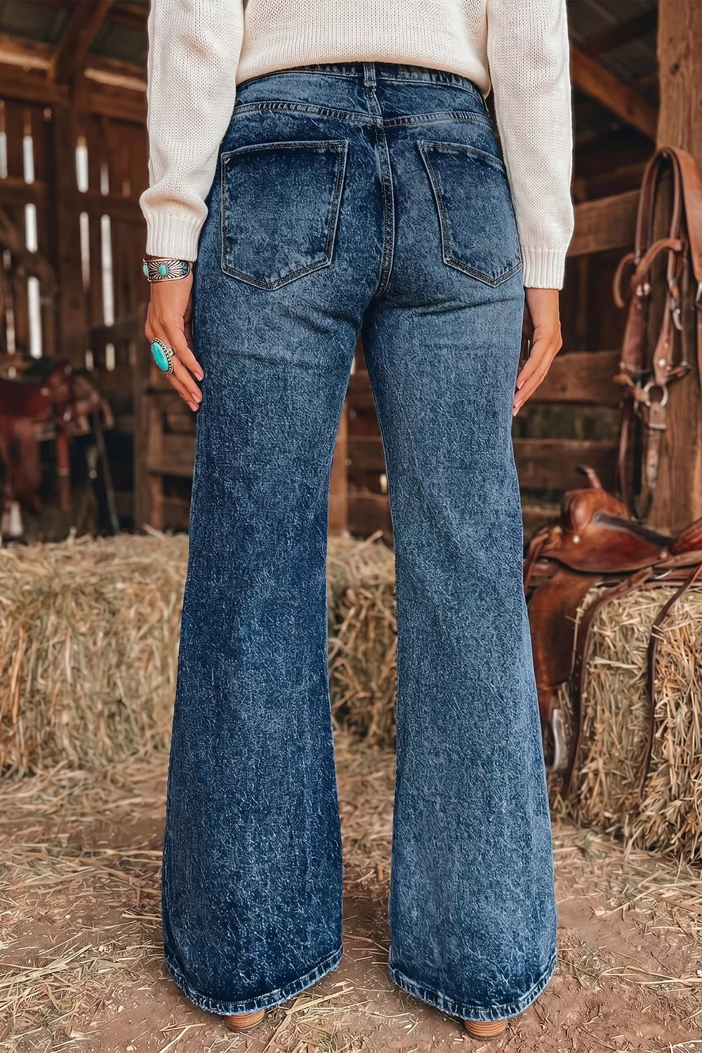 Acid Wash Pocket Detail Flare Jeans, image 2