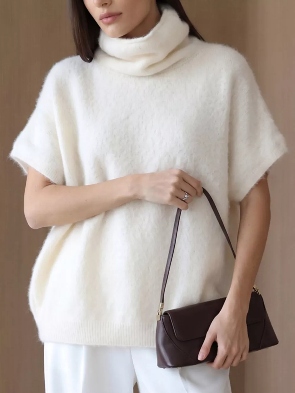 Turtleneck Fuzzy Short Sleeve Sweater, image 4