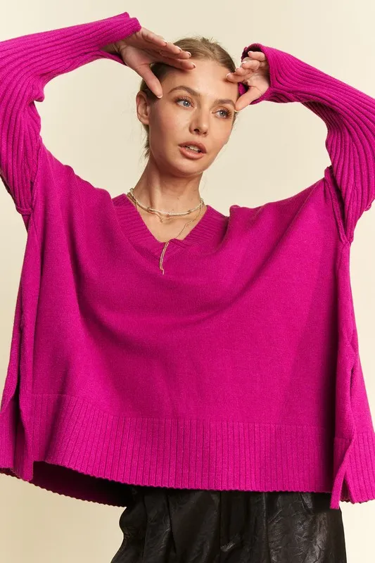 Ribbed Side Slit V-Neck Sweater, image 4