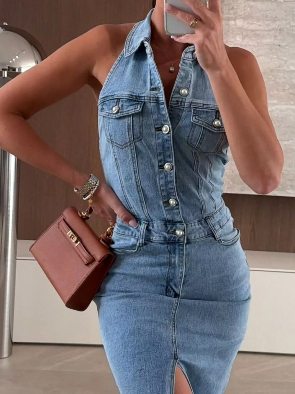 Slit Backless Halter Neck Button-Down Denim Midi Dress, image 2
