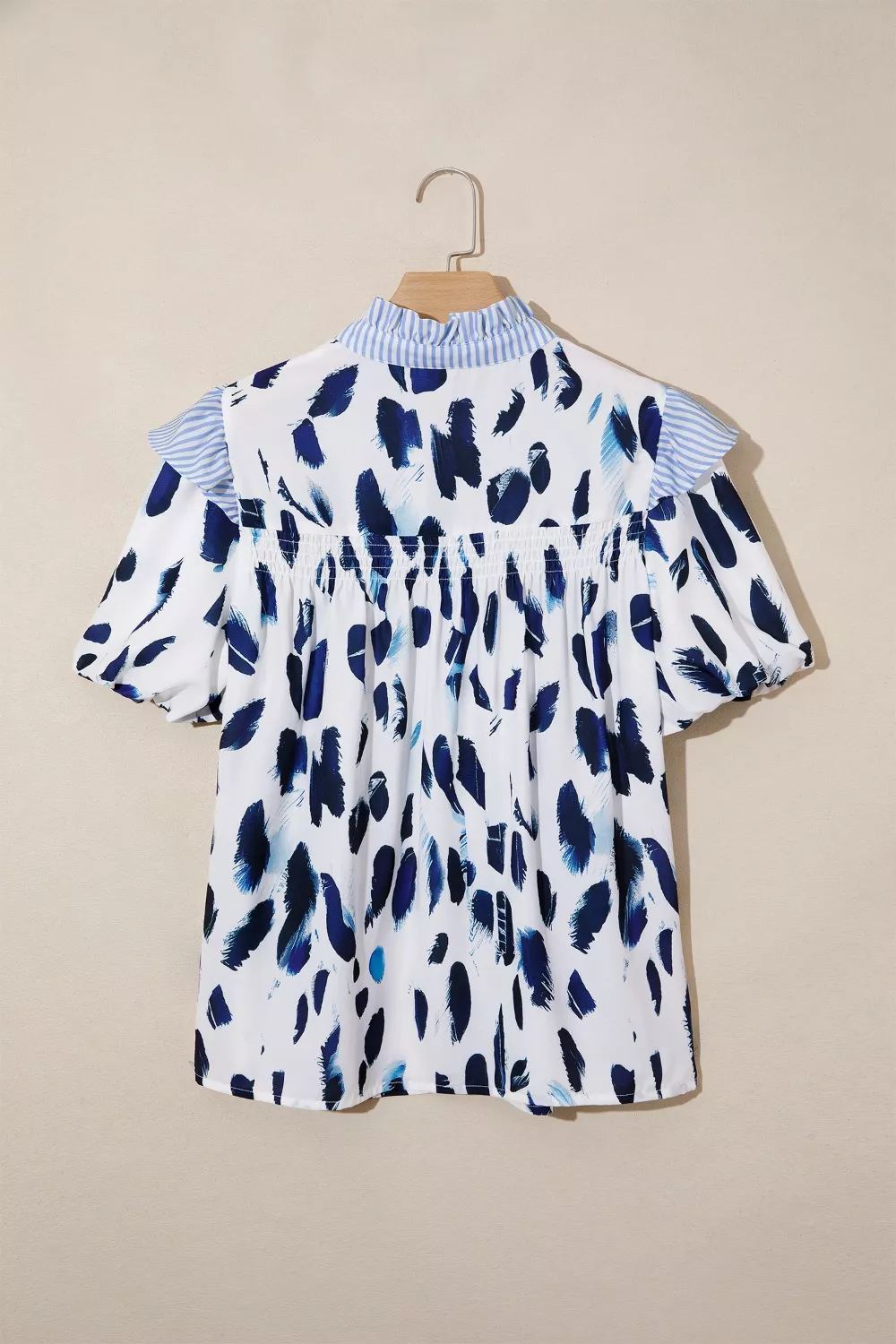 Abstract Animal Print Striped Ruffle Trim V Neck Blouse, image 7