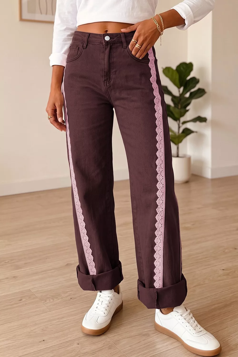 Lace Trim Casual Full-Length Regular Fit Jeans, image 4