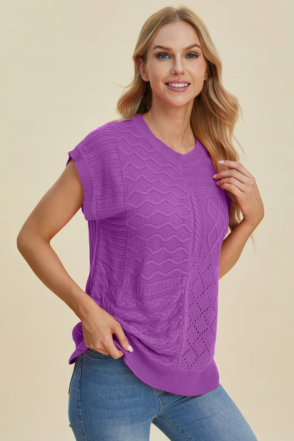 Full Size Cable-Knit Round Neck Cap Sleeve Sweater, image 12