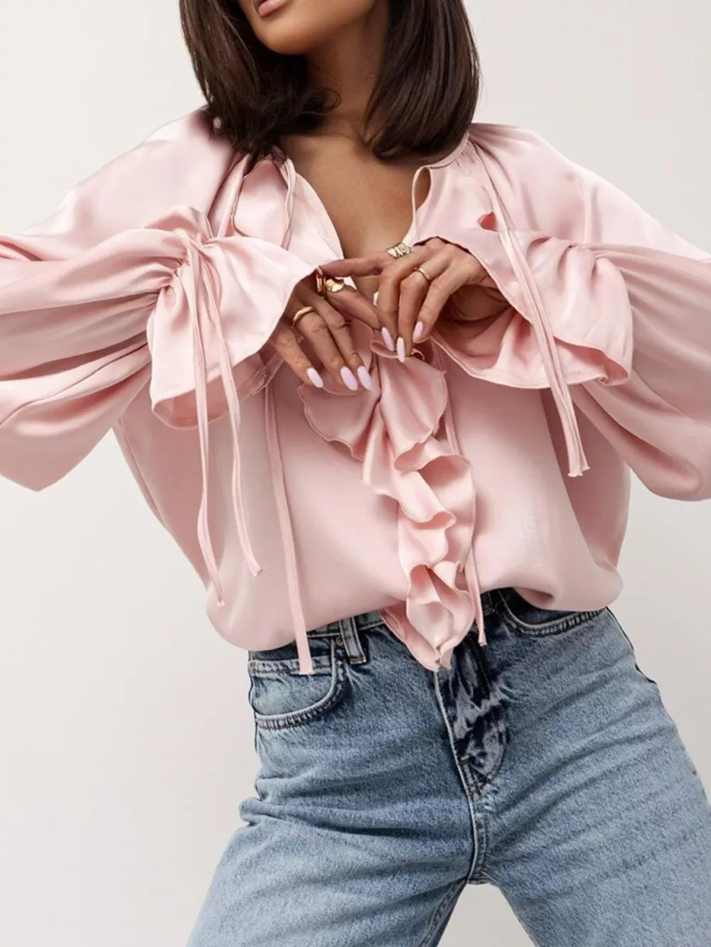 Ruffle Trim Satin Flounce Sleeve Blouse, image 4