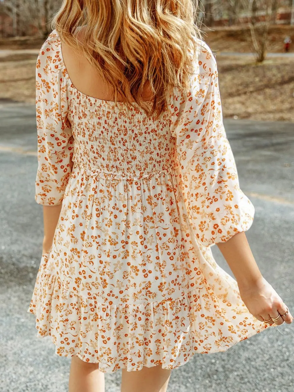 Smocked Floral Square Neck Dress, image 5