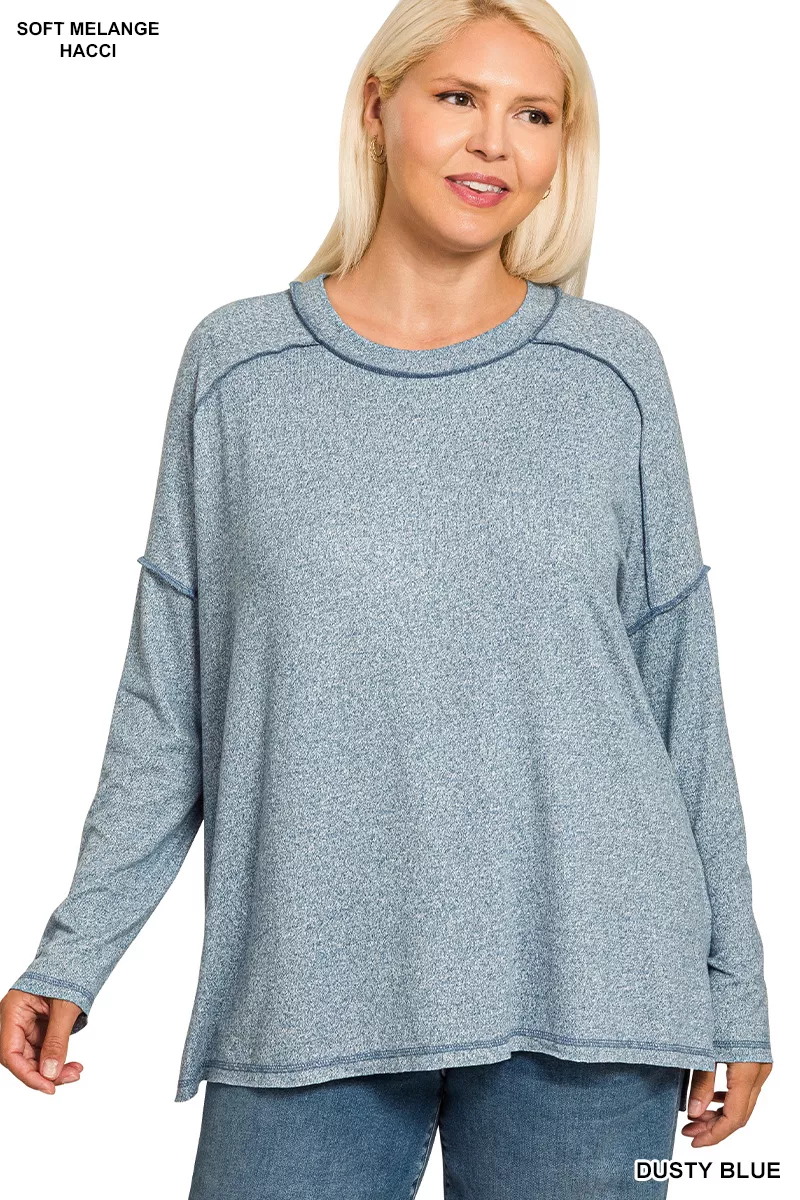 Full Size Melange Hacci Exposed Seam Hi-low Tee Plus Size, image 3