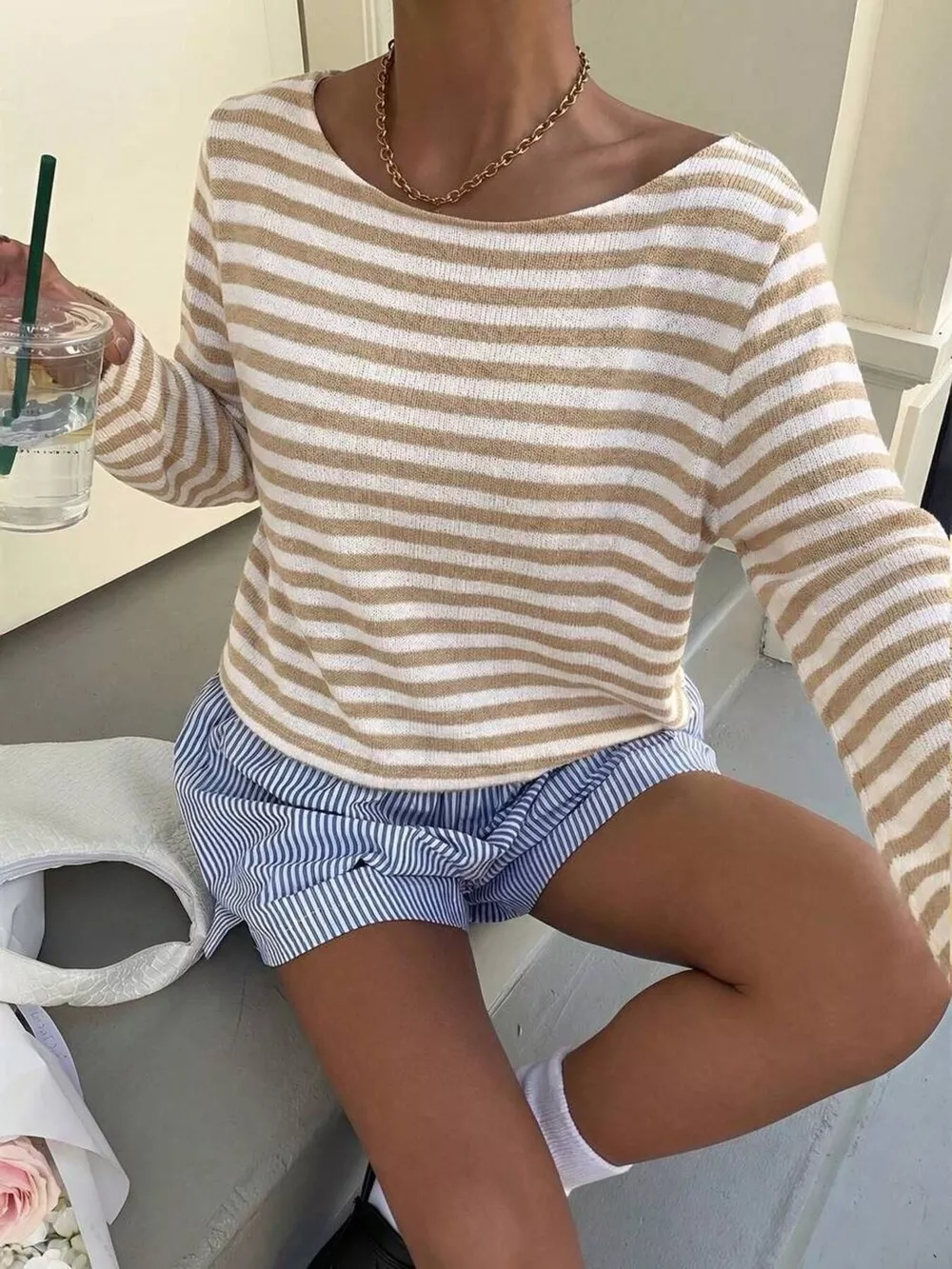 Boat Neck Striped Long Sleeve T-Shirt, image 21