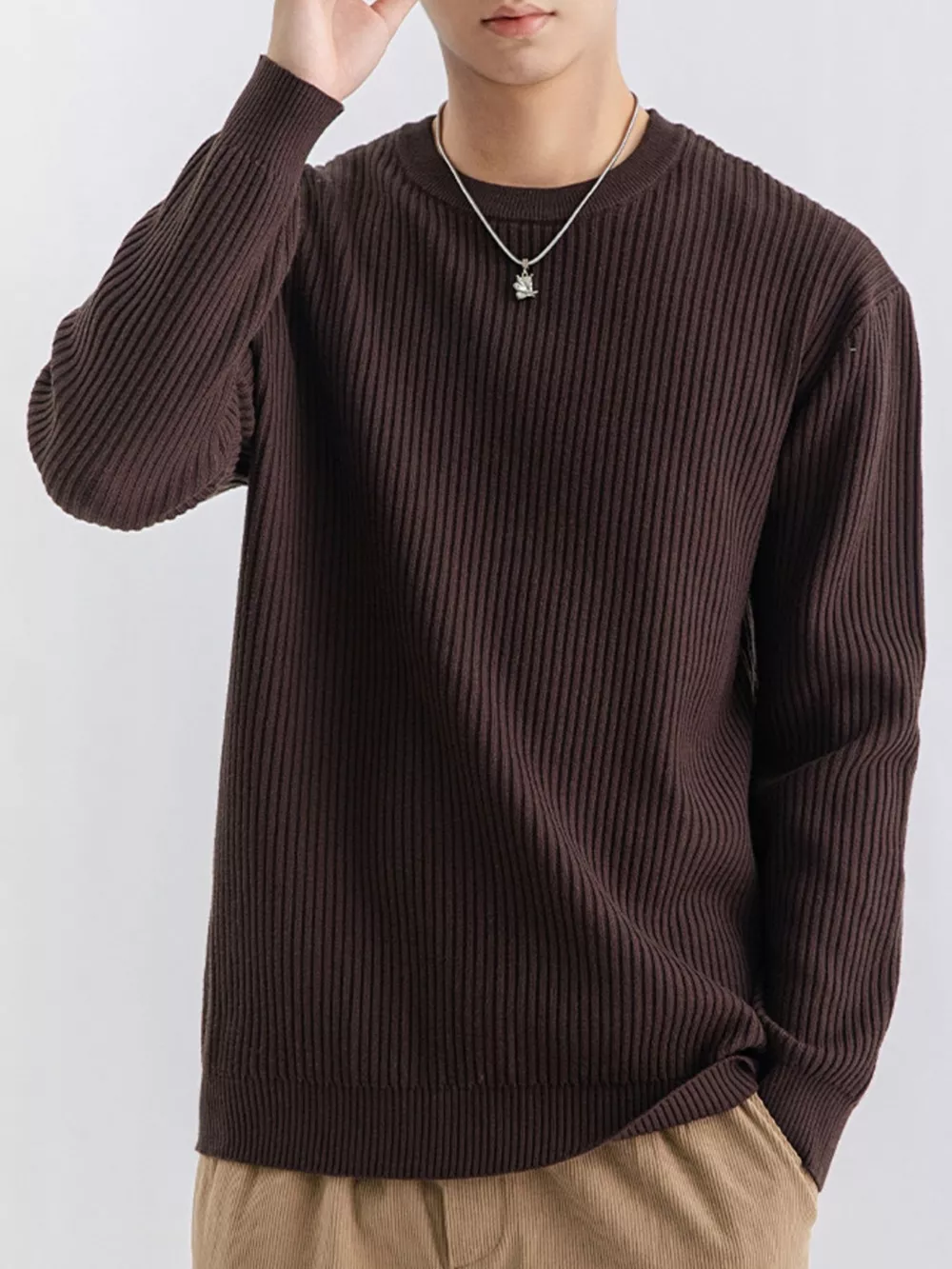 Men's Plus Size Ribbed Knit Crew Neck Sweater, image 8