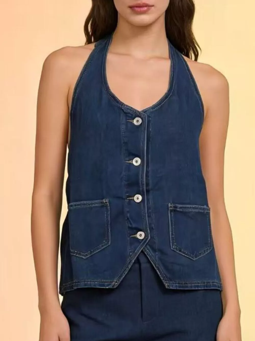 Halter Neck Button-Down Denim Vest, image 3