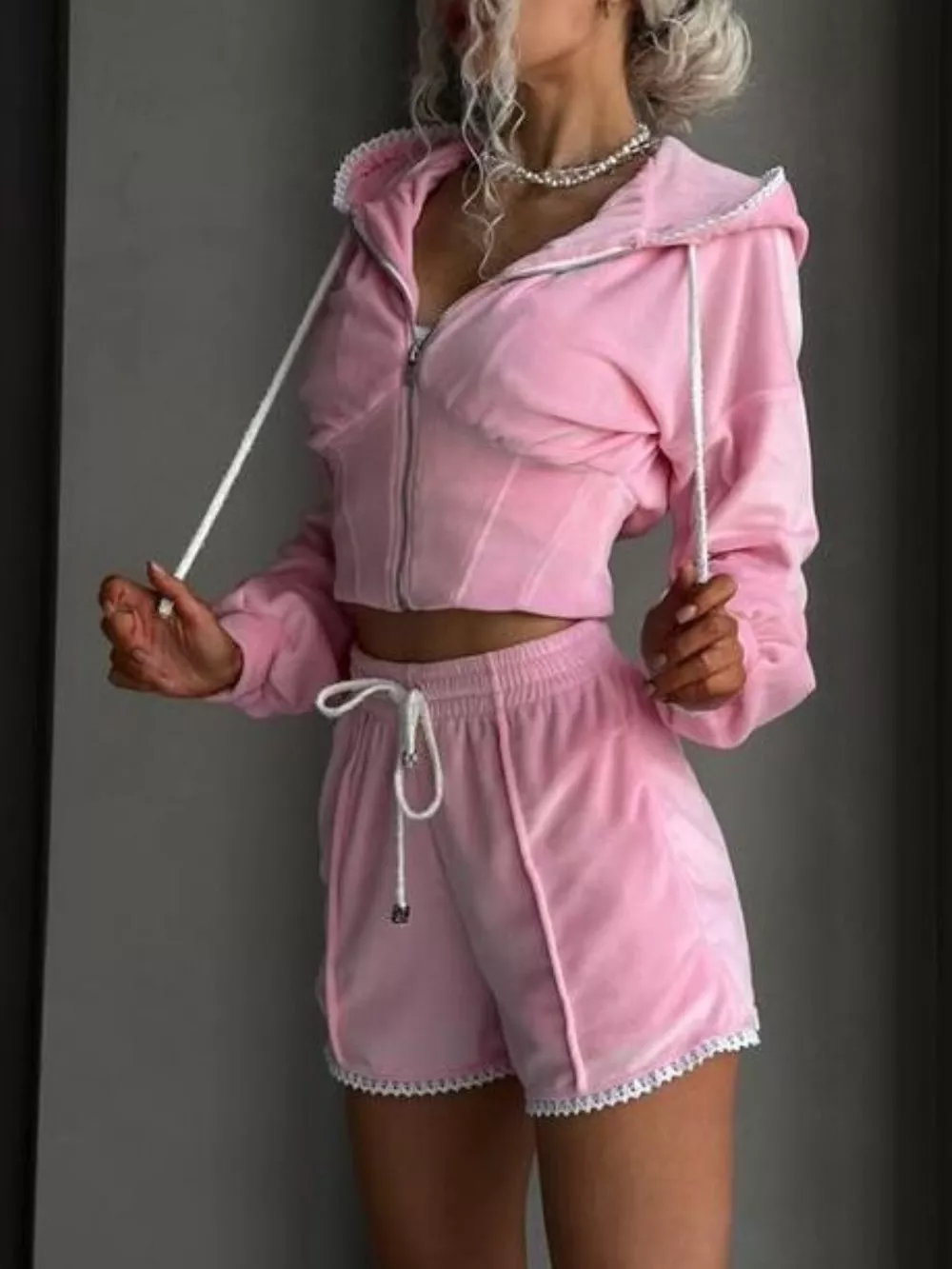 Drawstring Zip-Up Hoodie and Shorts Set, image 2