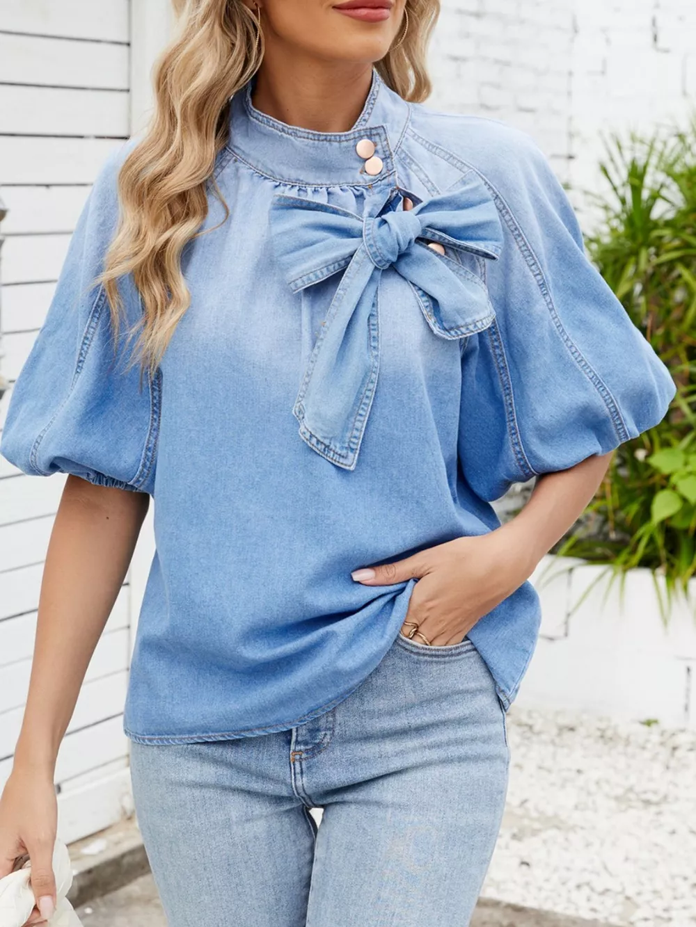 Bow Accent Puff Sleeve Denim Top, image 2