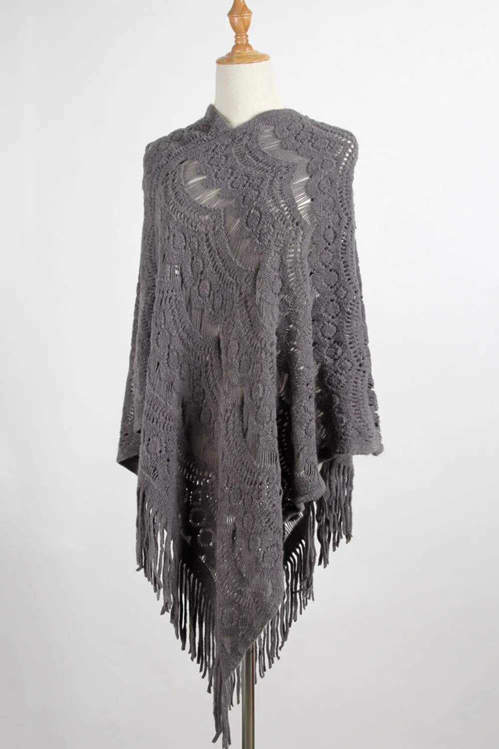 Fringe Openwork Surplice Cape Sleeve Poncho, image 3