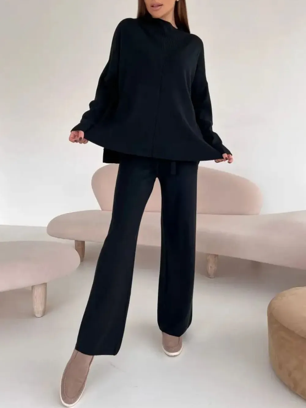Slit Mock Neck Top and Pants Sweater Set, image 16