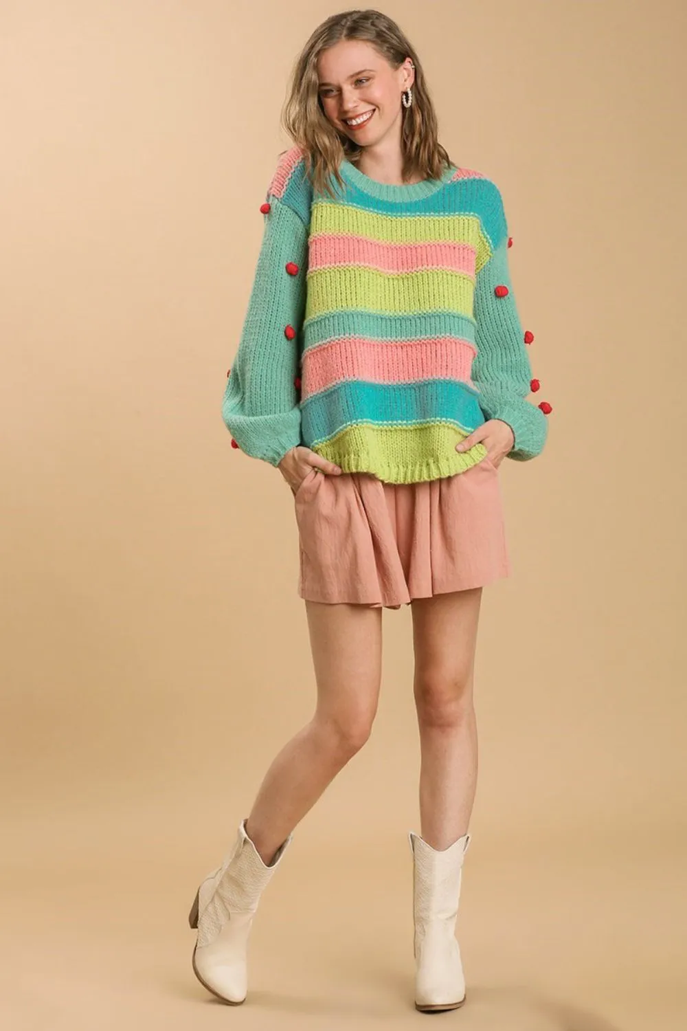 Full Size Color Block Cable Knit Sweater with Pom Pom Plus Size, image 3